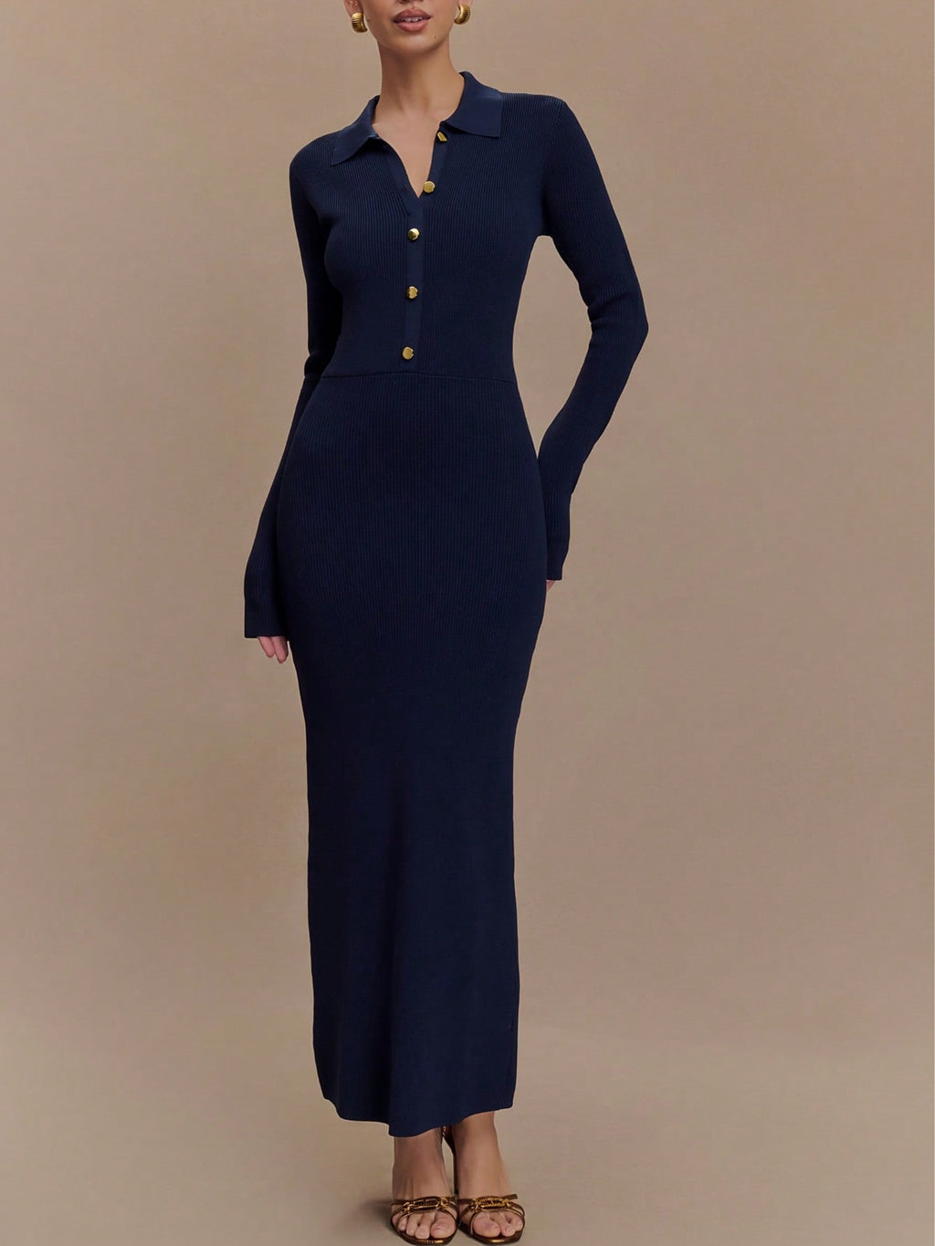 Button-Front Collared Knit Dress