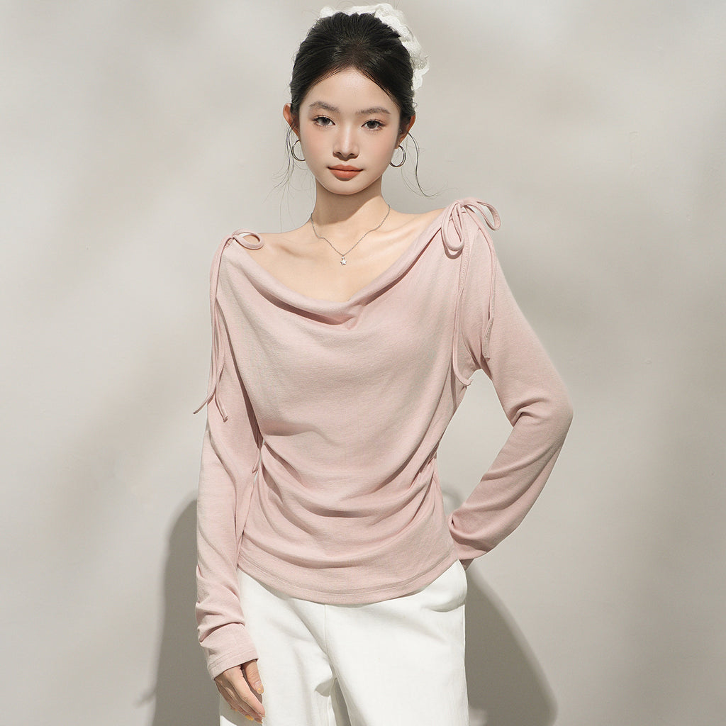 Haut chic rose à épaules dénudées et manches longues pour femme, couche intérieure à encolure asymétrique