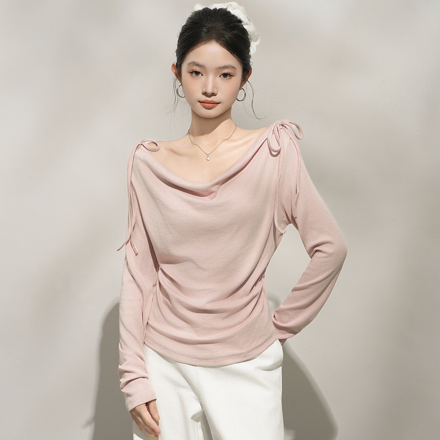 Haut chic rose à épaules dénudées et manches longues pour femme, couche intérieure à encolure asymétrique