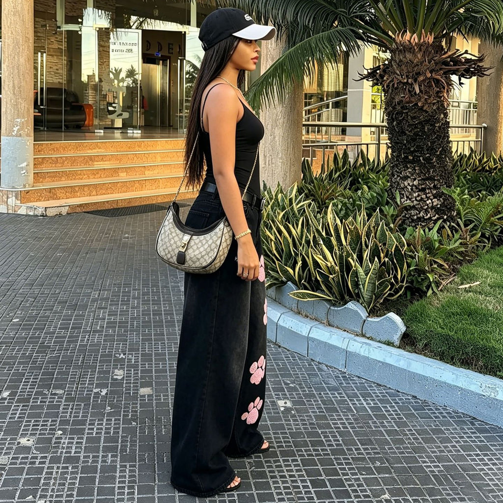 Cat-Paw Embroidered Wide-Leg Jeans