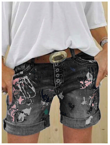 Pantalón corto vaquero de mujer de cintura alta elástico estampado con cierre de botón, talla grande, diseño