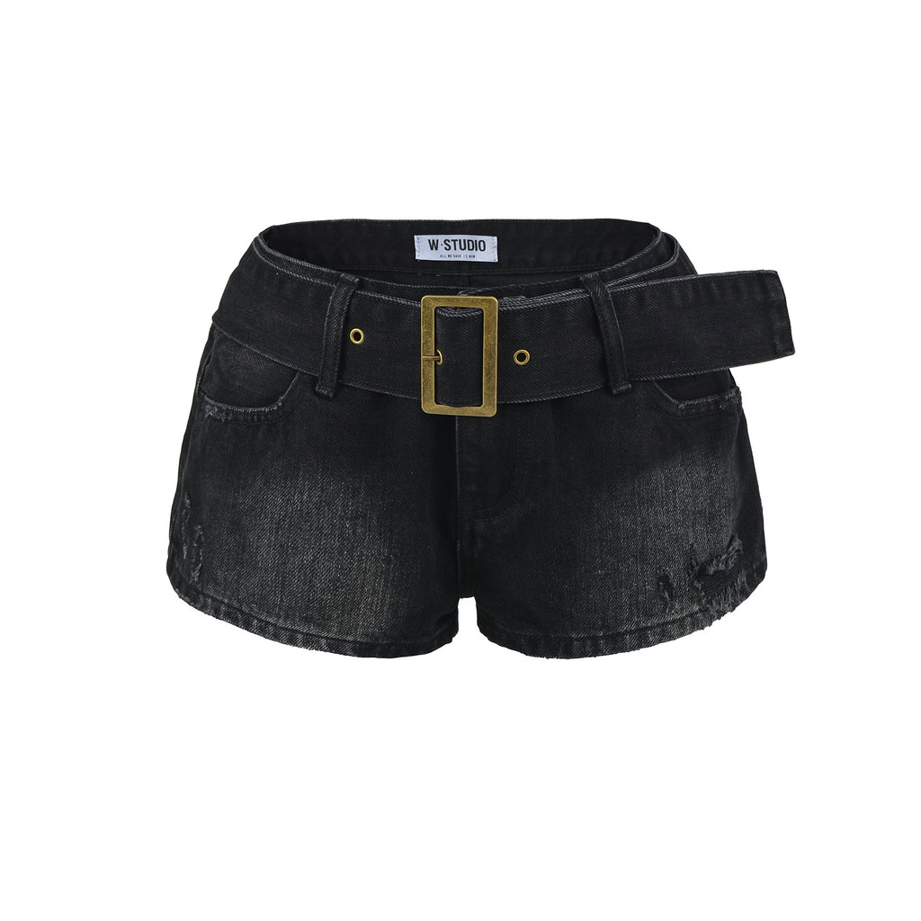 Belted High-Waist Denim Shorts