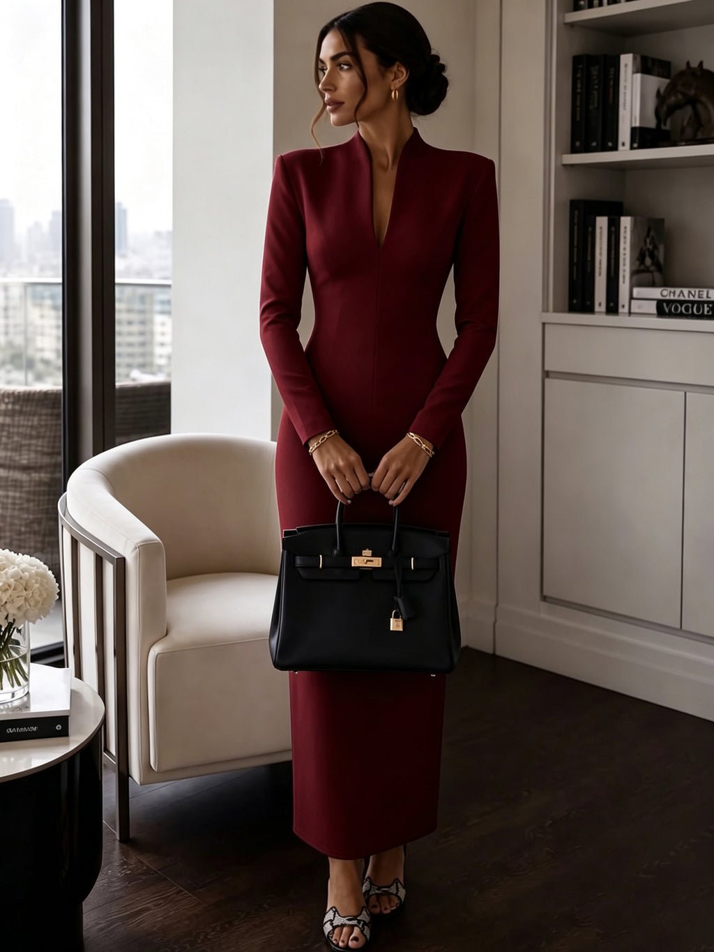 Stand-Collar V-Neck Evening Maxi Dress — product image 25