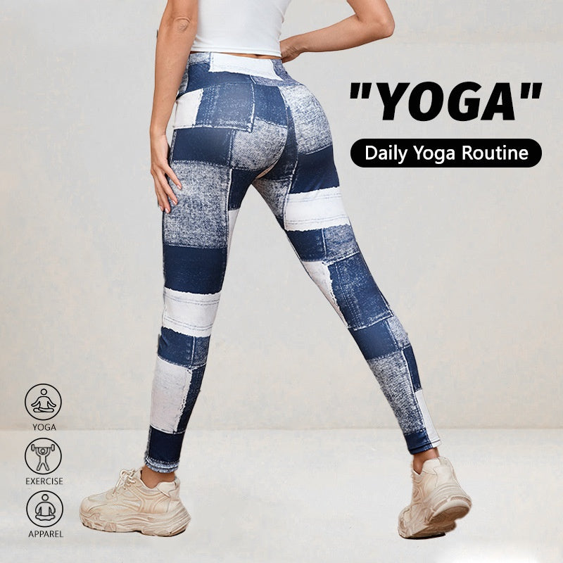 Pantalones de yoga de fitness ajustados con control de abdomen y cintura alta, con estampado de duraznos a cuadros tipo mezclilla