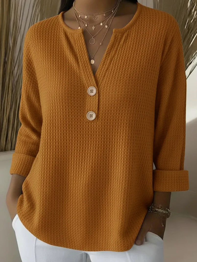 Pull femme en maille gaufrée à col en V, couleur unie, décontracté, à manches longues
