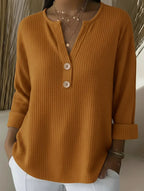Pull femme en maille gaufrée à col en V, couleur unie, décontracté, à manches longues