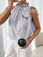 Haut t-shirt décontracté sans manches rayé à col montant orné de dentelle et noué