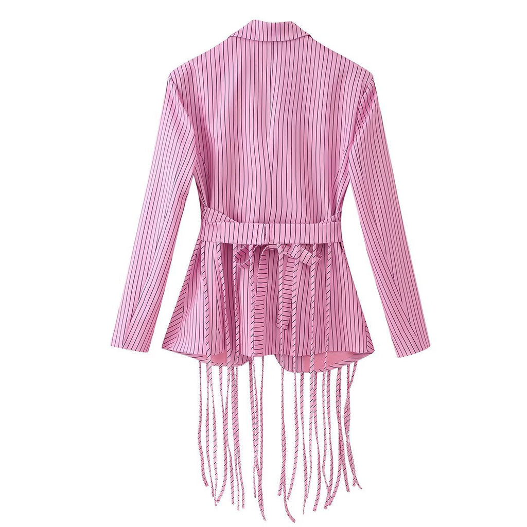 Striped Tassel-Belt Blazer