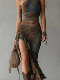 Patchwork Asymmetric High-Slit Maxi Dress in Floral Pattern - view 3