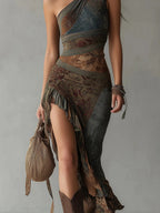 Patchwork Asymmetric High-Slit Maxi Dress in Floral Pattern - view 3