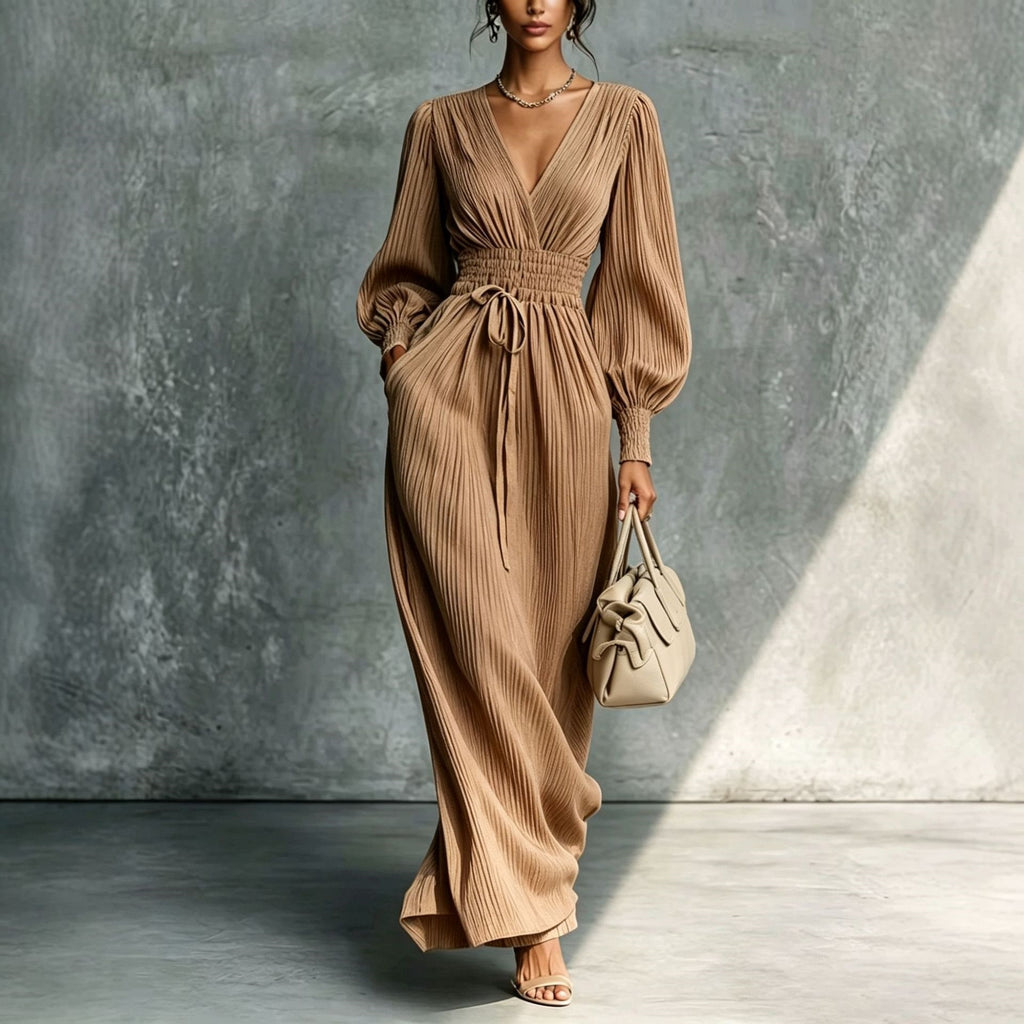 Robe décontractée unie à manches longues et à la taille cintrée