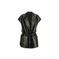 Gilet sans manches en similicuir pour femme, avec col tailleur et ceinture