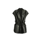 Gilet sans manches en similicuir pour femme, avec col tailleur et ceinture