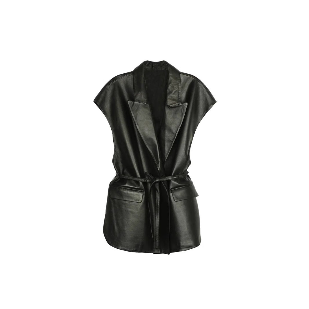 Gilet sans manches en similicuir pour femme, avec col tailleur et ceinture