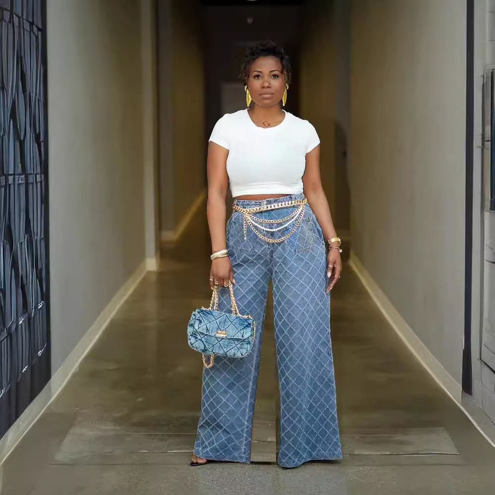 Jacquard High-Waist Straight-Leg Jeans