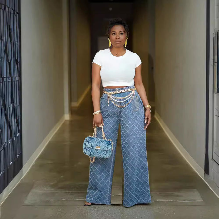 Jean droit taille haute en jacquard quadrillé délavé