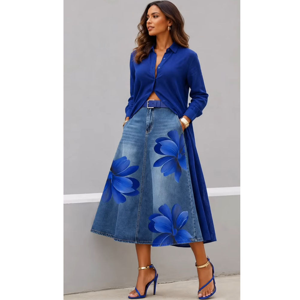 Floral Washed-Denim Midi Skirt — product image 7