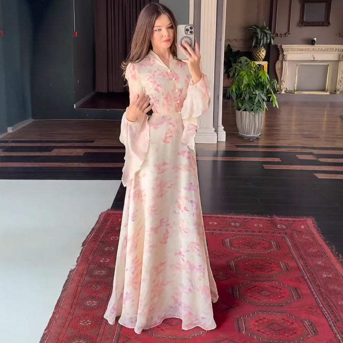 Printed Flared-Sleeve Maxi Dress