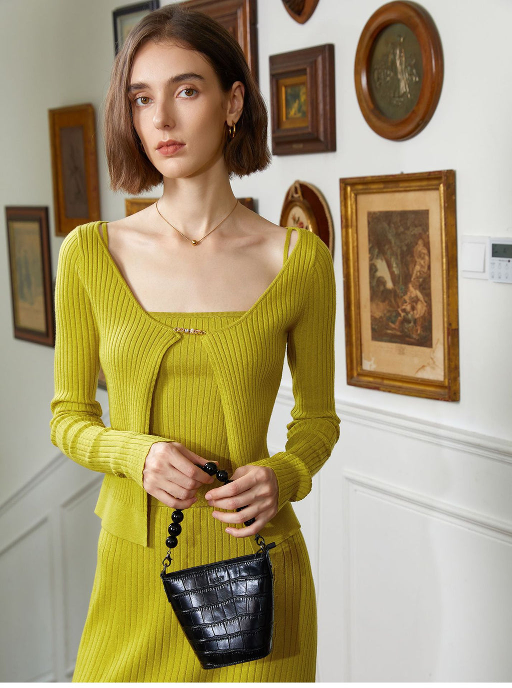 Three-Piece Knit Set: Cami, Cardigan & Skirt