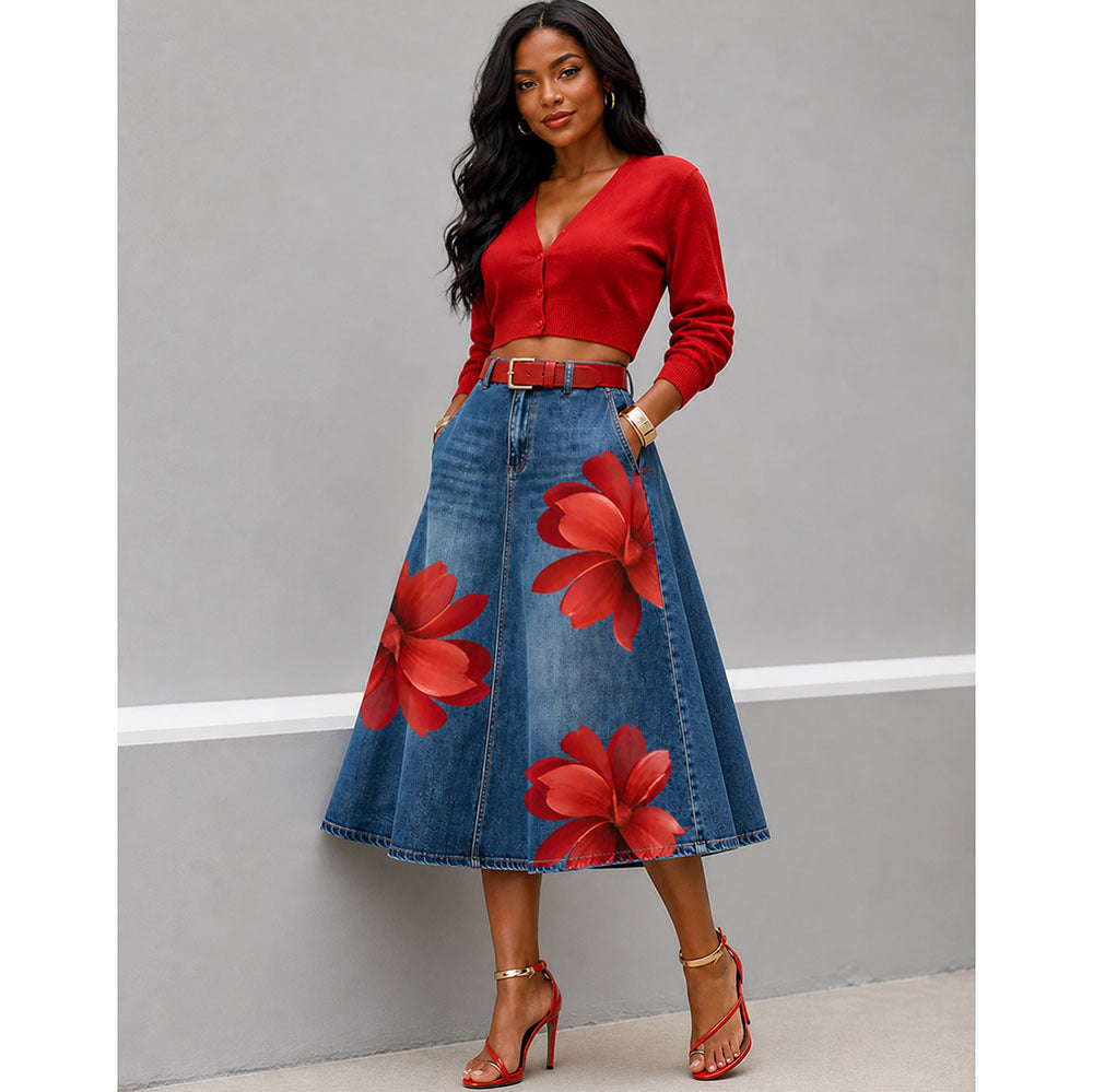 Floral Washed-Denim Midi Skirt