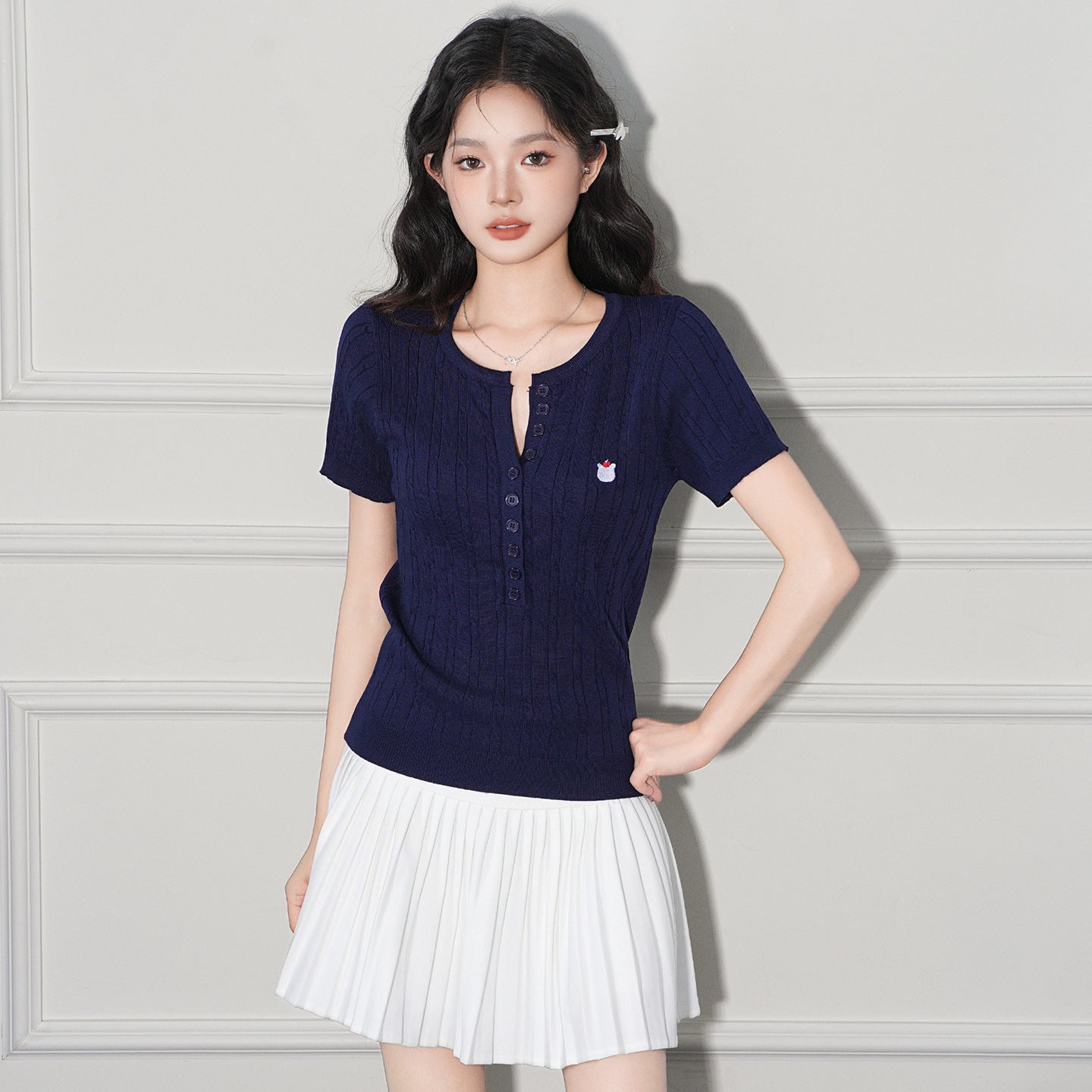 Cable-Knit V-Neck Short-Sleeve Top