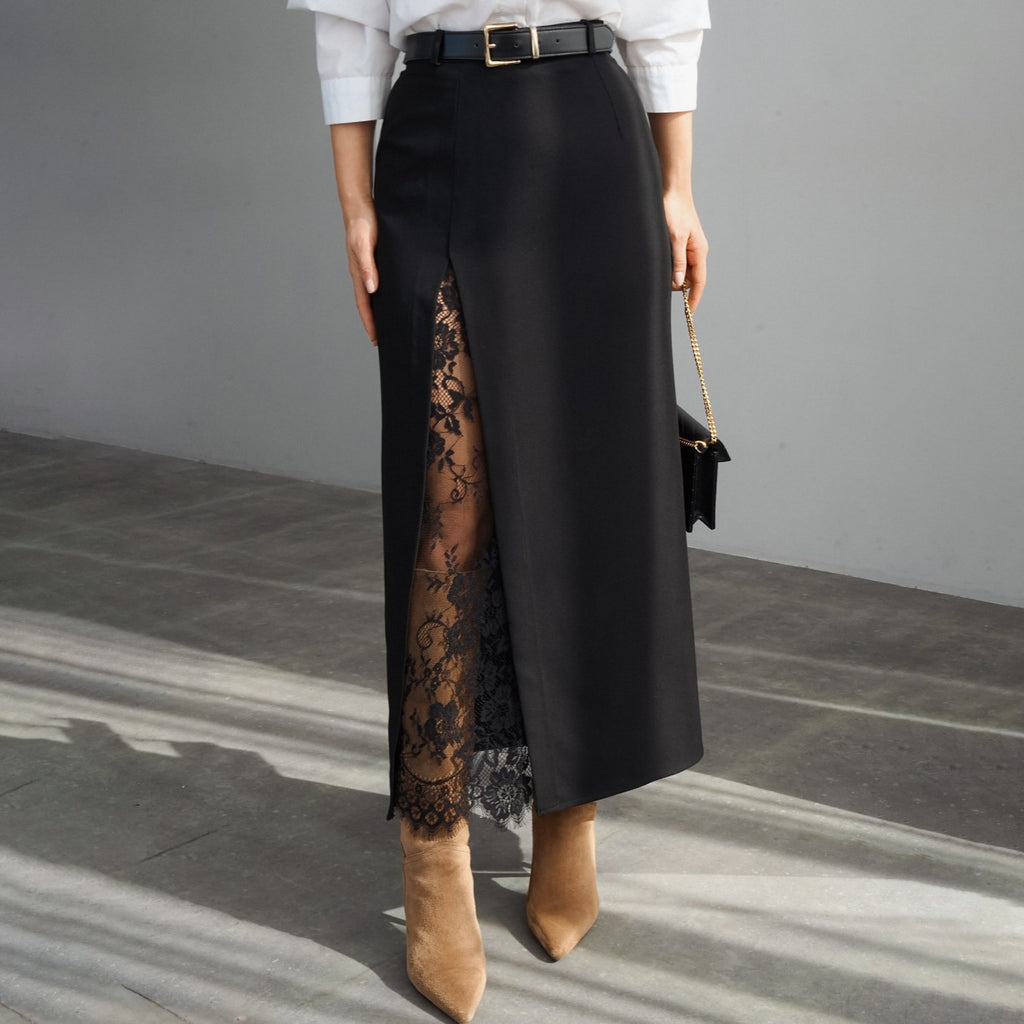 Lace-Trim Side-Slit Maxi Skirt