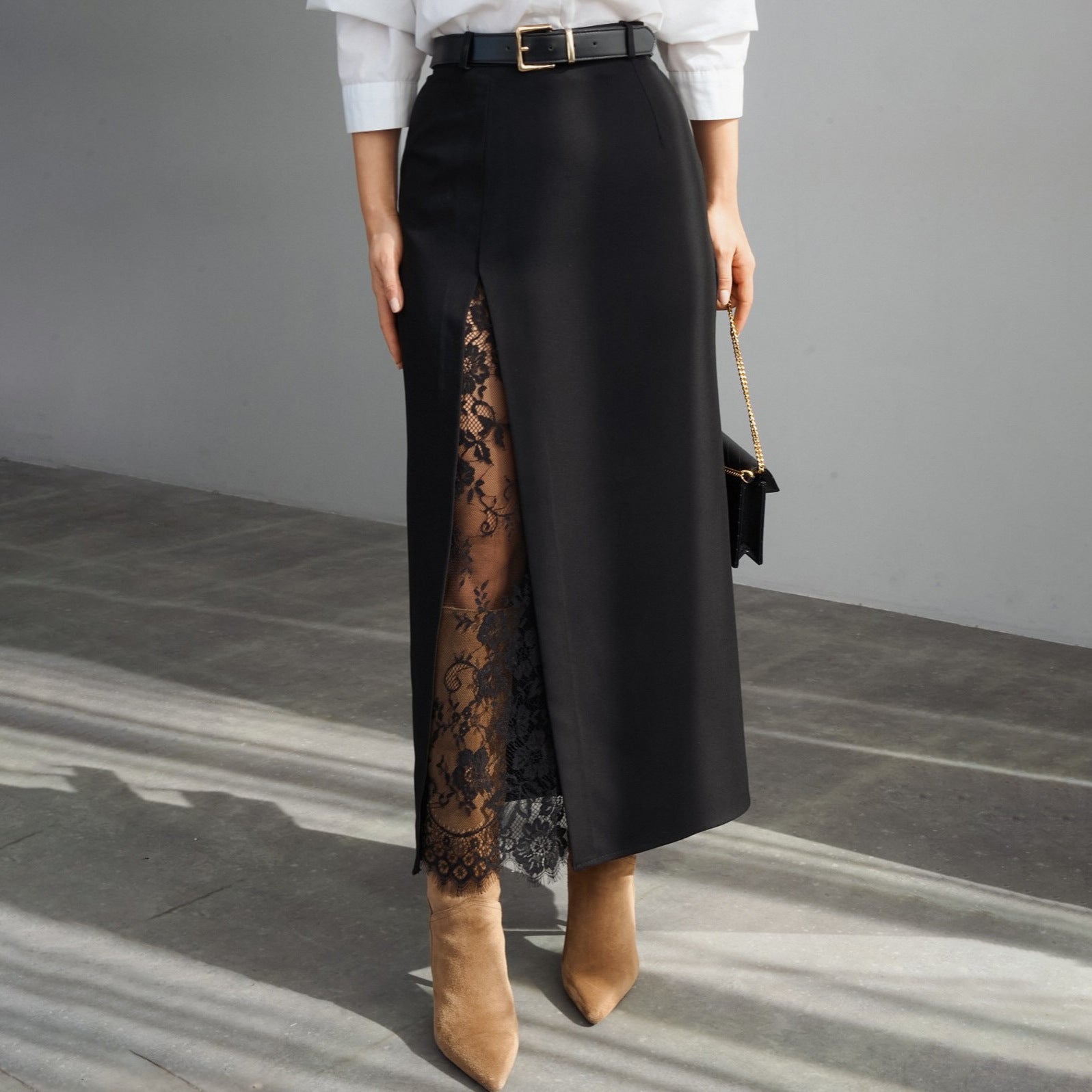 Lace-Trim Side-Slit Maxi Skirt