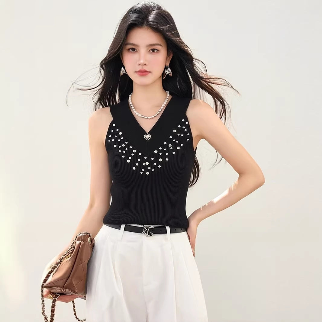 Rhinestone V-Neck Knit Vest