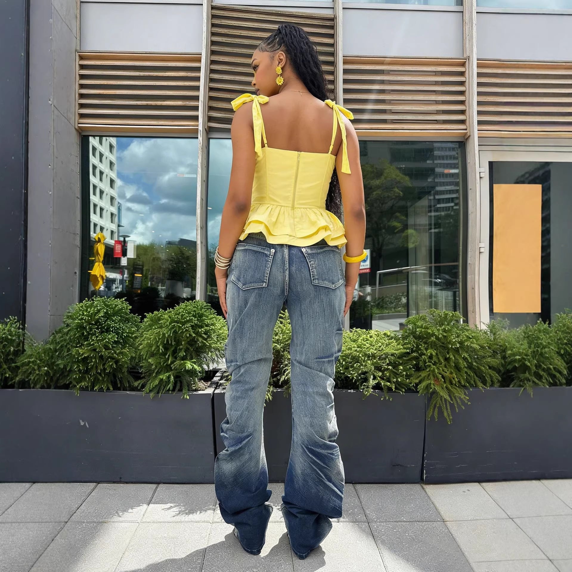 Pantalones Vaqueros Estilo Urbano Plisados con Efecto Bigote de Gato, de Corte Ajustado y Lavado Apilado