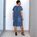 Robe en jean décontractée à manches courtes fendues et ourlet arrondi