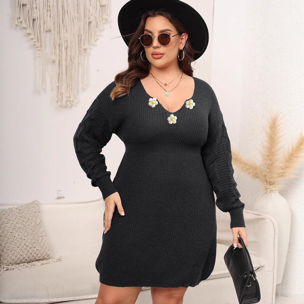 Crochet-Panel V-Neck Knit Dress