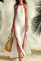 Robe Décontractée de Vacances sans Manches Fendue à Rayures Stylées