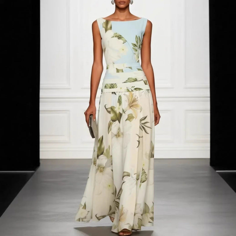 Robe longue dos nu sans manches pour femme, imprimé floral, col en V, taille cintrée