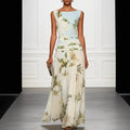 Robe longue dos nu sans manches pour femme, imprimé floral, col en V, taille cintrée