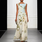 Robe longue dos nu sans manches pour femme, imprimé floral, col en V, taille cintrée