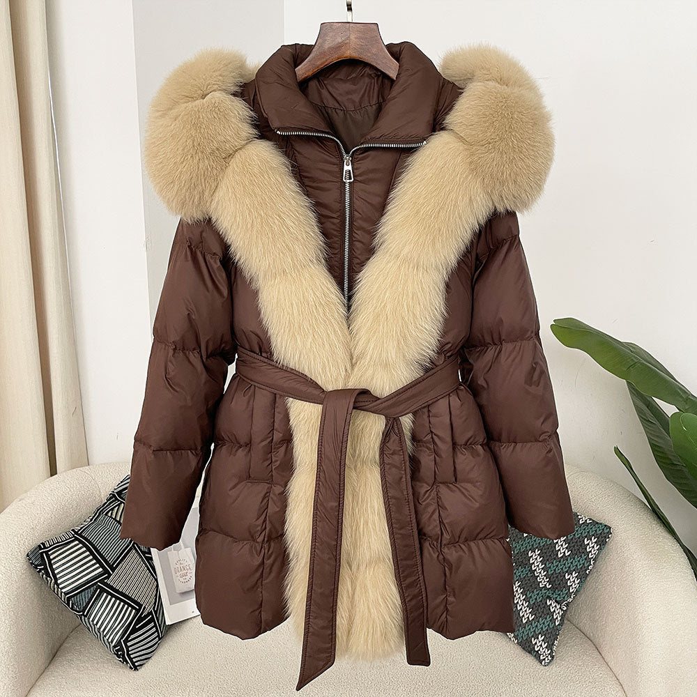 Hooded Down Jacket with Fox Fur Collar - view 22