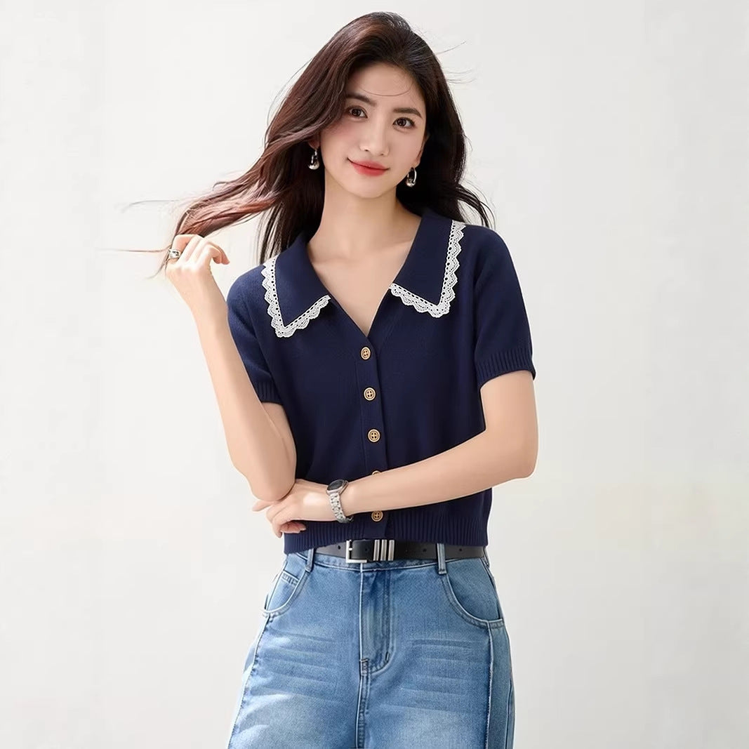 Navy Lace-Collar Knit Polo Top