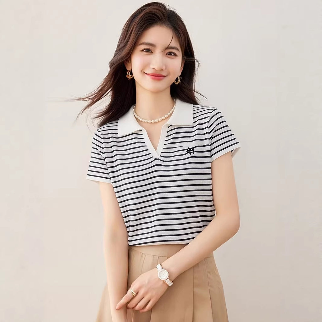 Camiseta de manga corta con cuello vuelto elegante para mujer, talla grande, cuello polo informal, ajuste entallado