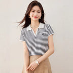 Camiseta de manga corta con cuello vuelto elegante para mujer, talla grande, cuello polo informal, ajuste entallado