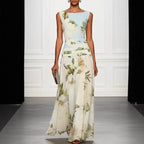 Robe longue dos nu sans manches pour femme, imprimé floral, col en V, taille cintrée
