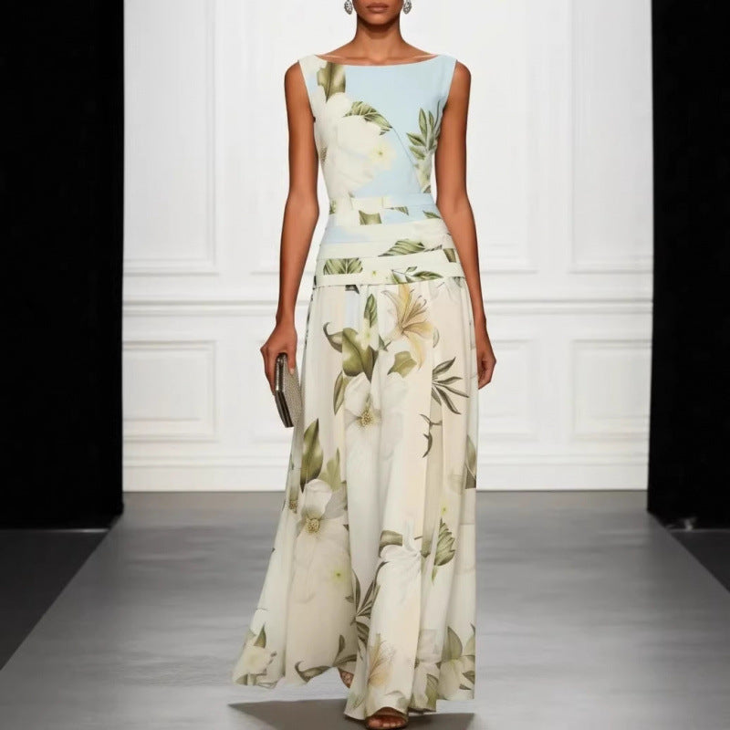 Robe longue dos nu sans manches pour femme, imprimé floral, col en V, taille cintrée
