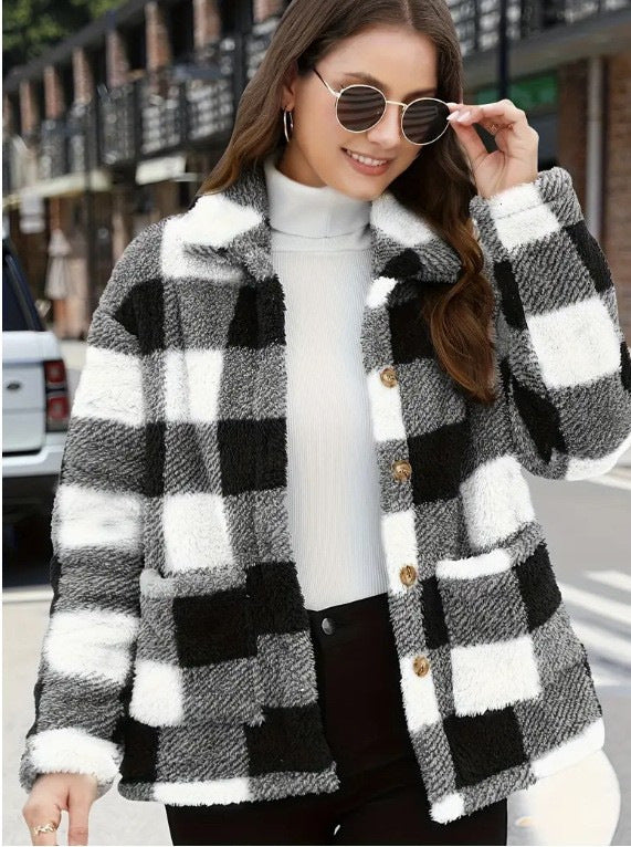 Plaid Fleece Coat with Patch Pockets - view 9