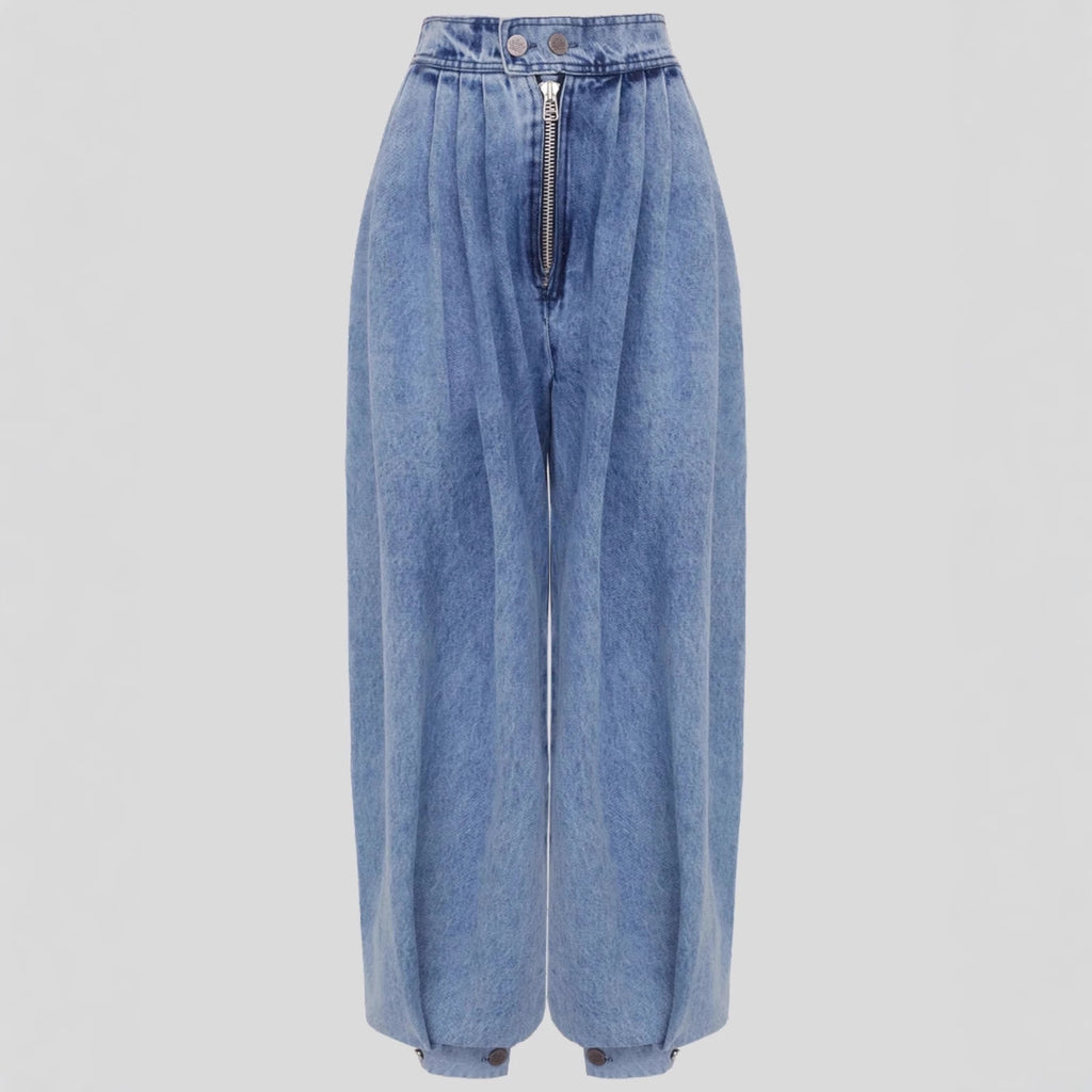 Jean taille haute à jambes zippées et nouées