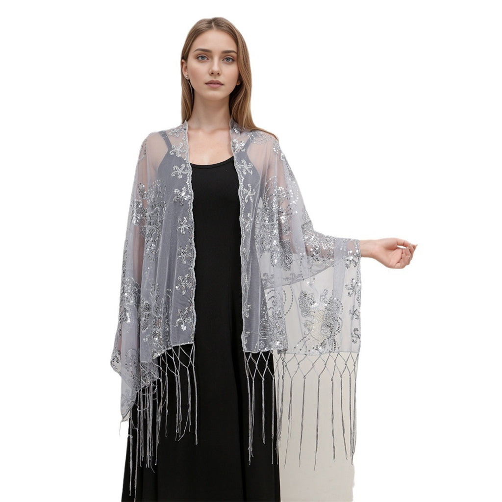 Sequin Fringe Embroidered Evening Shawl