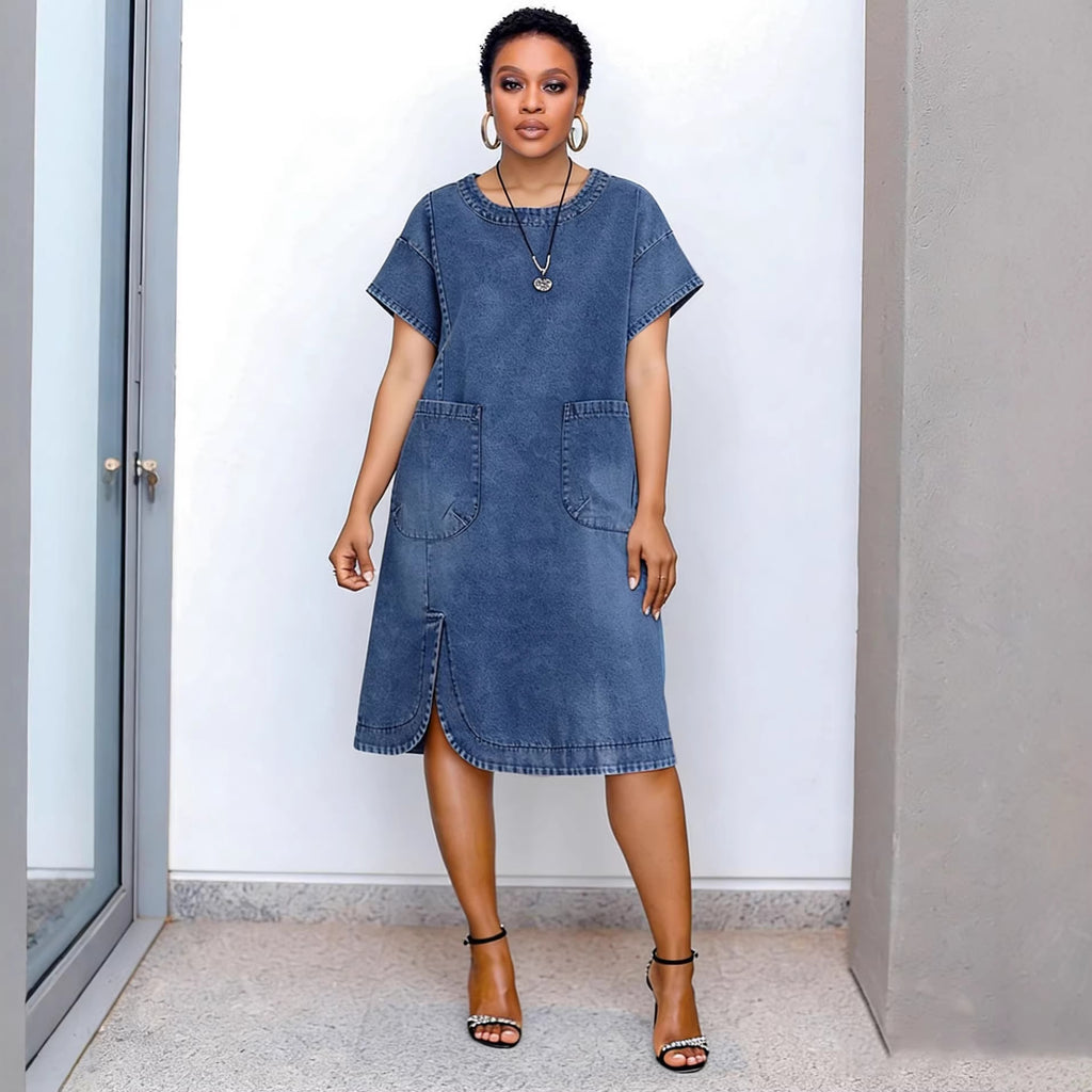 Robe en jean décontractée à manches courtes fendues et ourlet arrondi