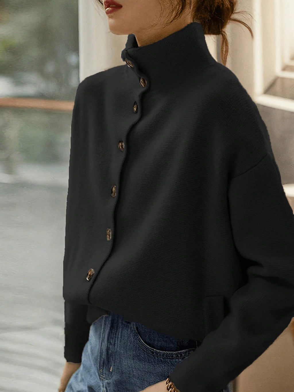 Stand-Collar Single-Button Knit Cardigan - view 4