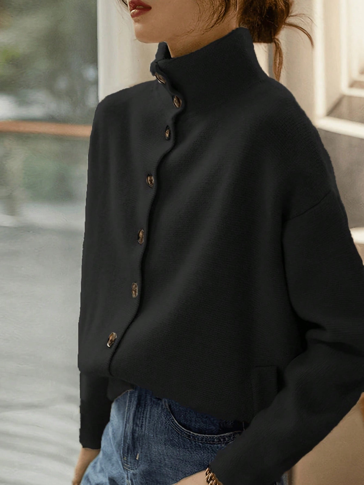 Stand-Collar Single-Button Knit Cardigan - view 4
