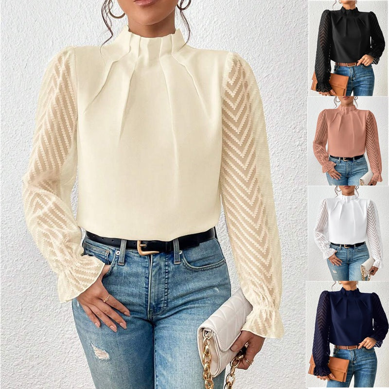 High-Neck Wave-Panel Chiffon Blouse