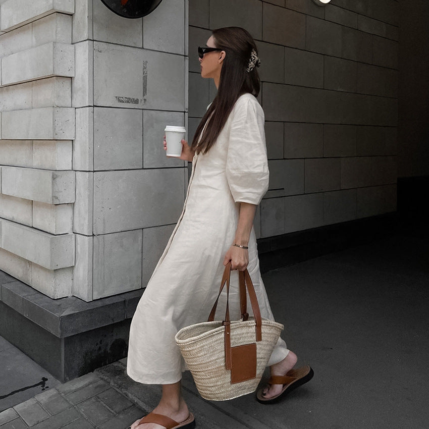 V-Neck Balloon-Sleeve Midi Dress