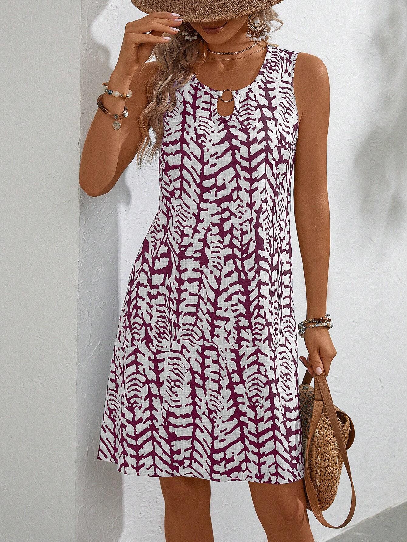 Floral U-Neck Ring-Detail Midi Dress